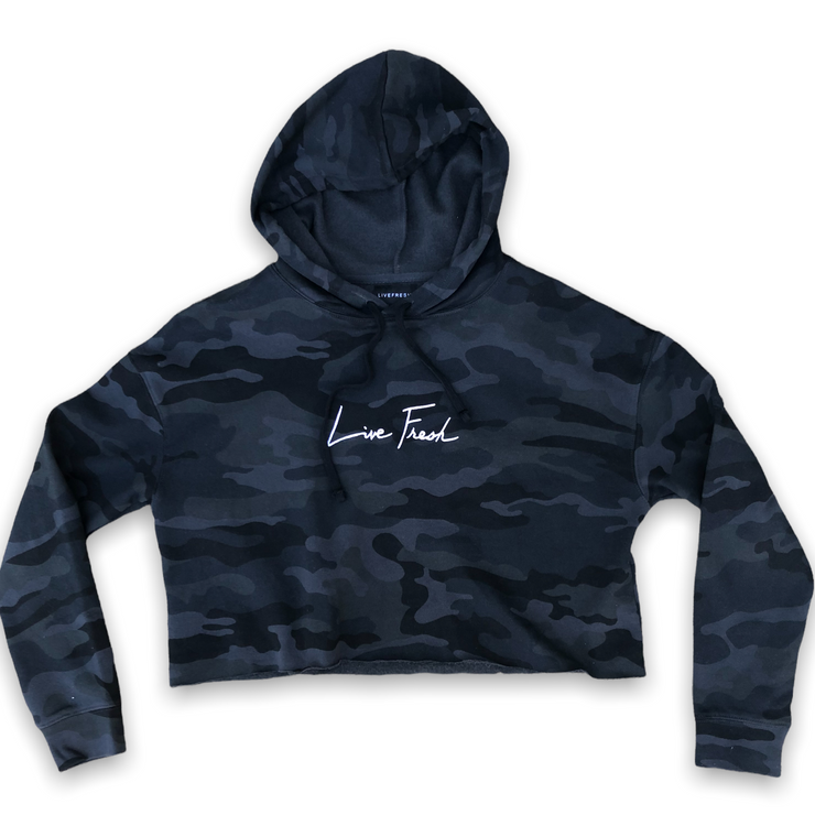 Ladies Signature Line Crop Top Hoodie: Black Camo